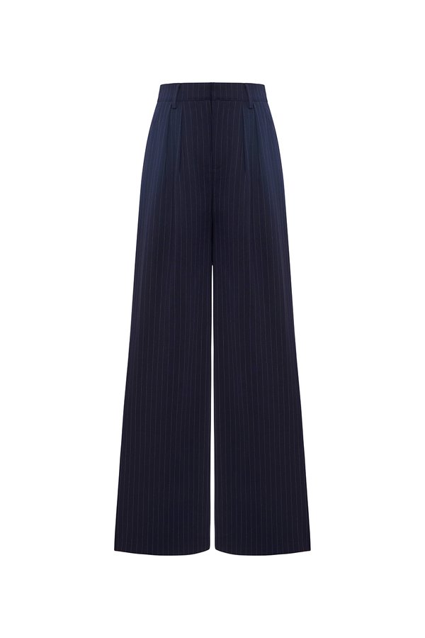 Jodin High Waist Pinstripe Pleated Wide Pants in Navy Pinstripe