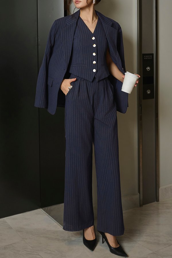Jodin High Waist Pinstripe Pleated Wide Pants in Navy Pinstripe