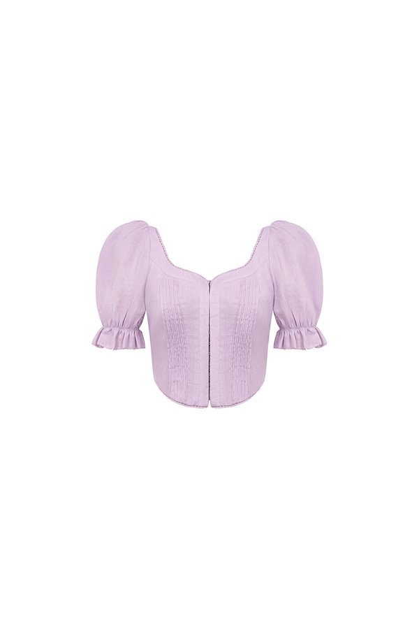 Riven V-Waist Puff Sleeves Pintuck Top in Lavender