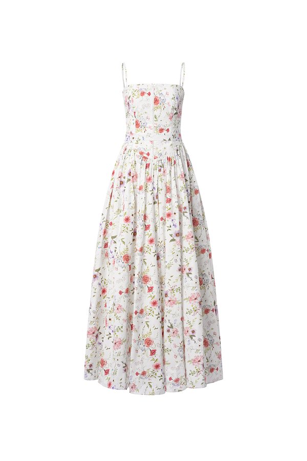 Sylvia Padded Strappy Flare V-Waist Maxi Dress in Rosewater Meadow