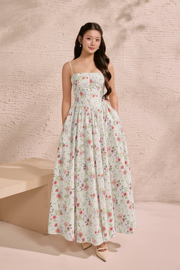 Sylvia Padded Strappy Flare V-Waist Maxi Dress in Rosewater Meadow