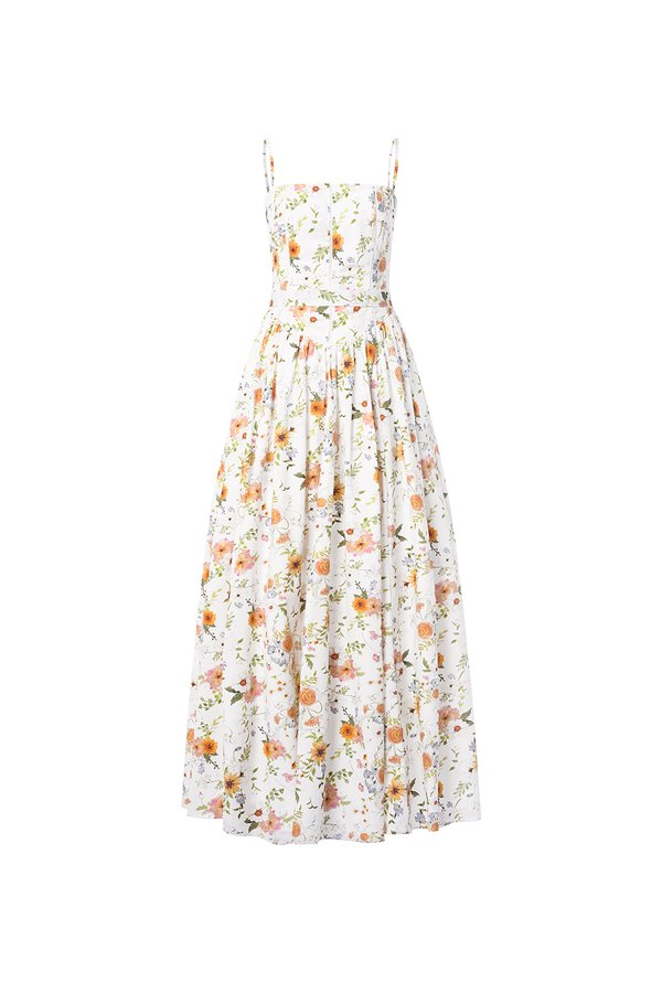 Sylvia Padded Strappy Flare V-Waist Maxi Dress in Sunrise Meadow