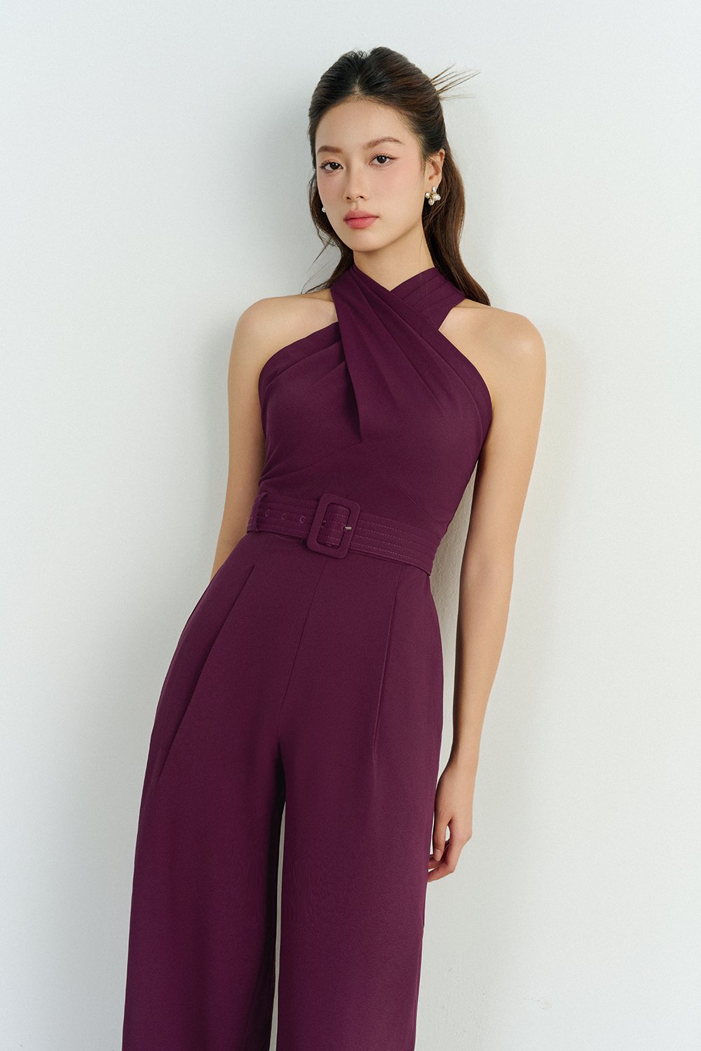 Aurel Crossover Halter Jumpsuit in Aubergine