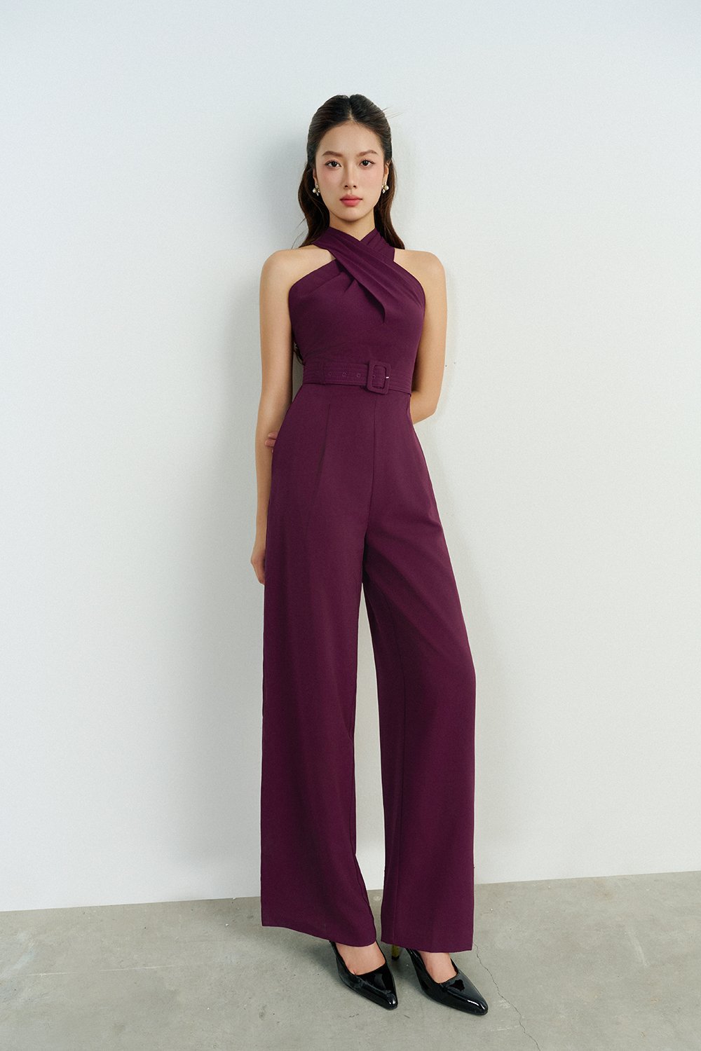 Aurel Crossover Halter Jumpsuit in Aubergine