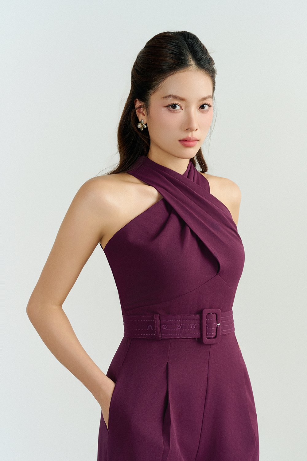 Aurel Crossover Halter Jumpsuit in Aubergine