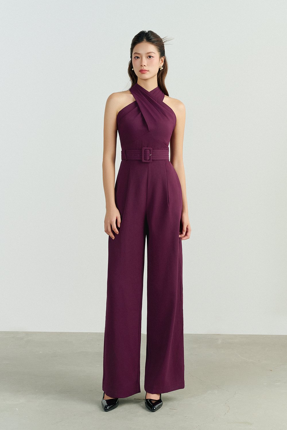 Aurel Crossover Halter Jumpsuit in Aubergine