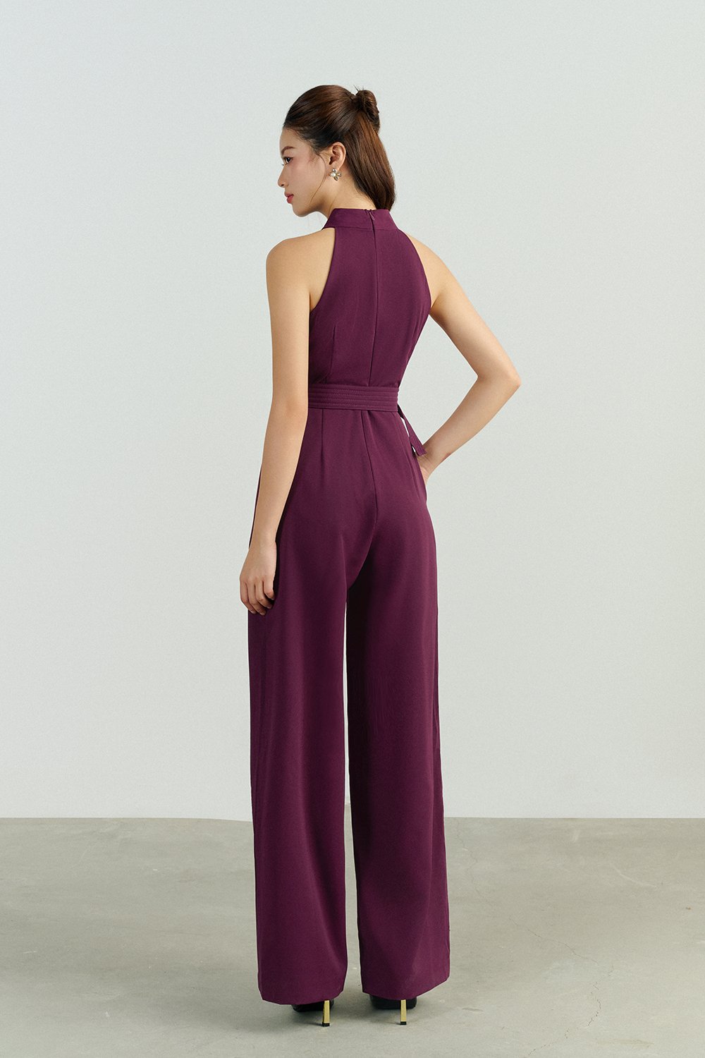 Aurel Crossover Halter Jumpsuit in Aubergine