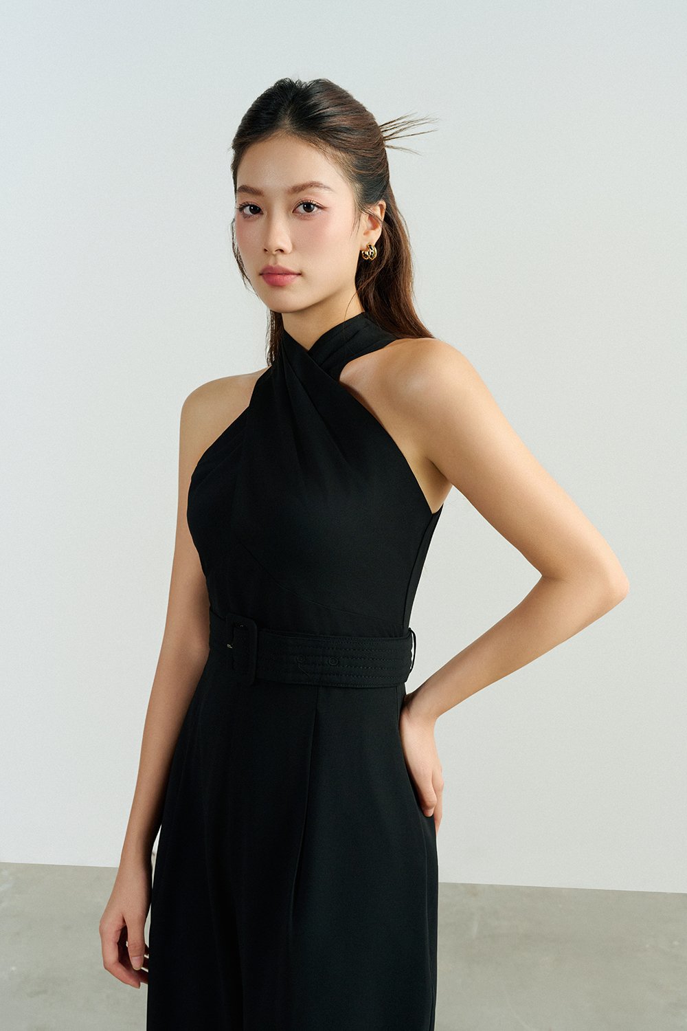 Aurel Crossover Halter Jumpsuit in Classic Black