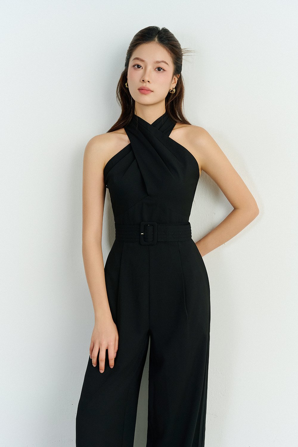 Aurel Crossover Halter Jumpsuit in Classic Black