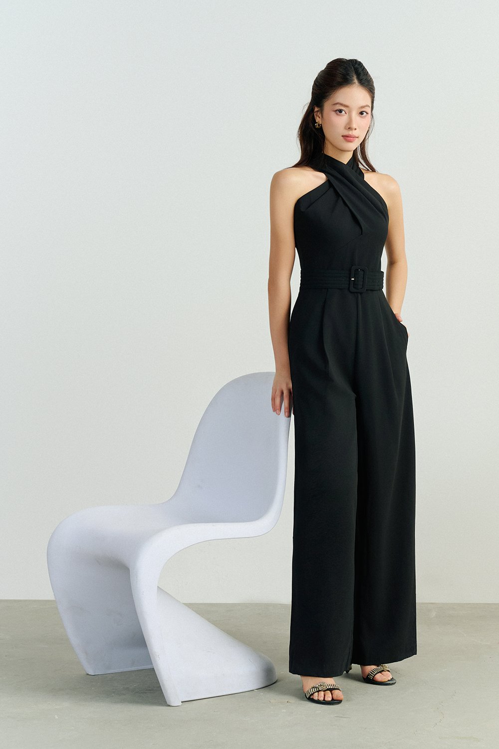 Aurel Crossover Halter Jumpsuit in Classic Black