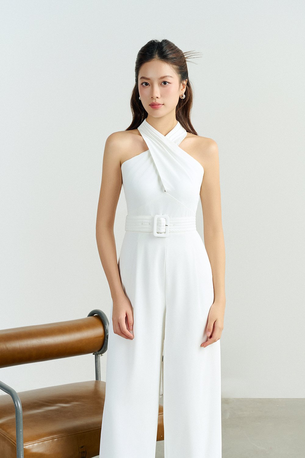 Aurel Crossover Halter Jumpsuit in Iconic White