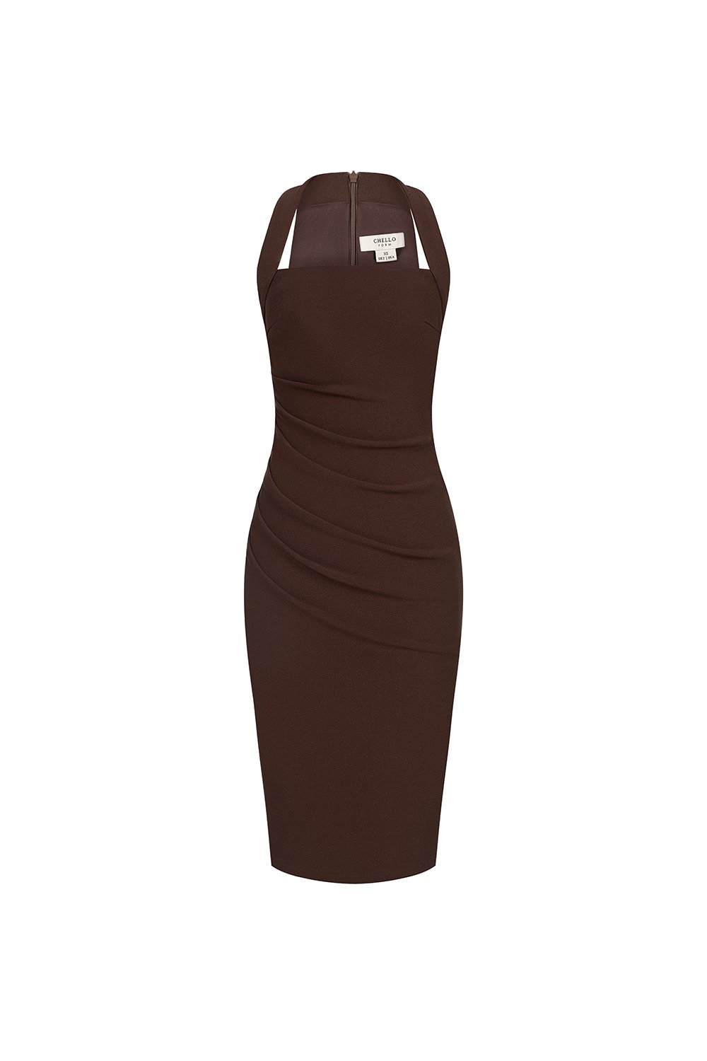 Baelin Padded Halter Ruched Pencil Dress in Chocolate