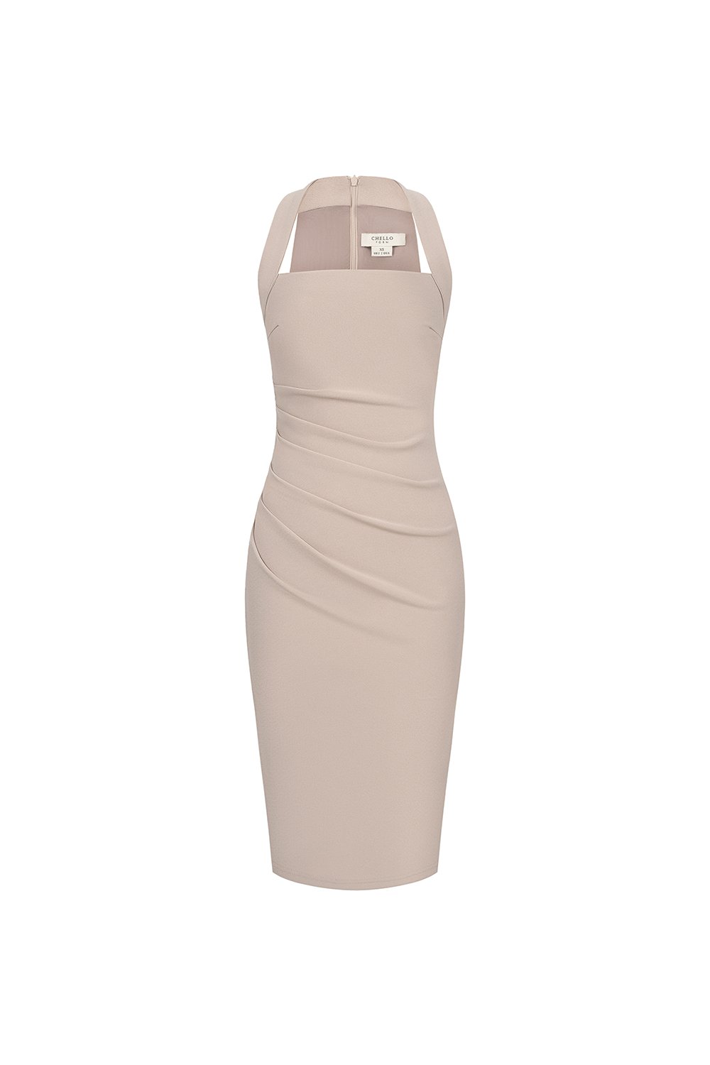 Baelin Padded Halter Ruched Pencil Dress in Stone