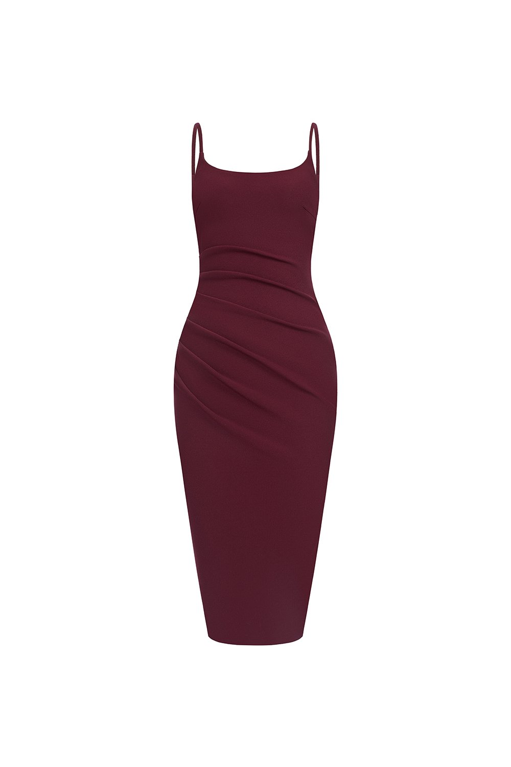 Clea Spaghetti Padded Ruched Pencil Dress in Burgundy