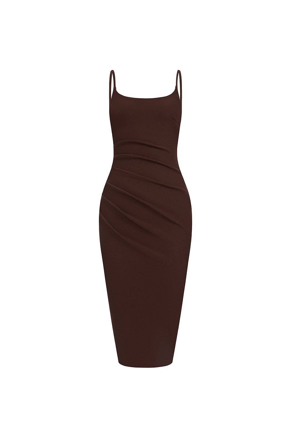 Clea Spaghetti Padded Ruched Pencil Dress in Chocolate
