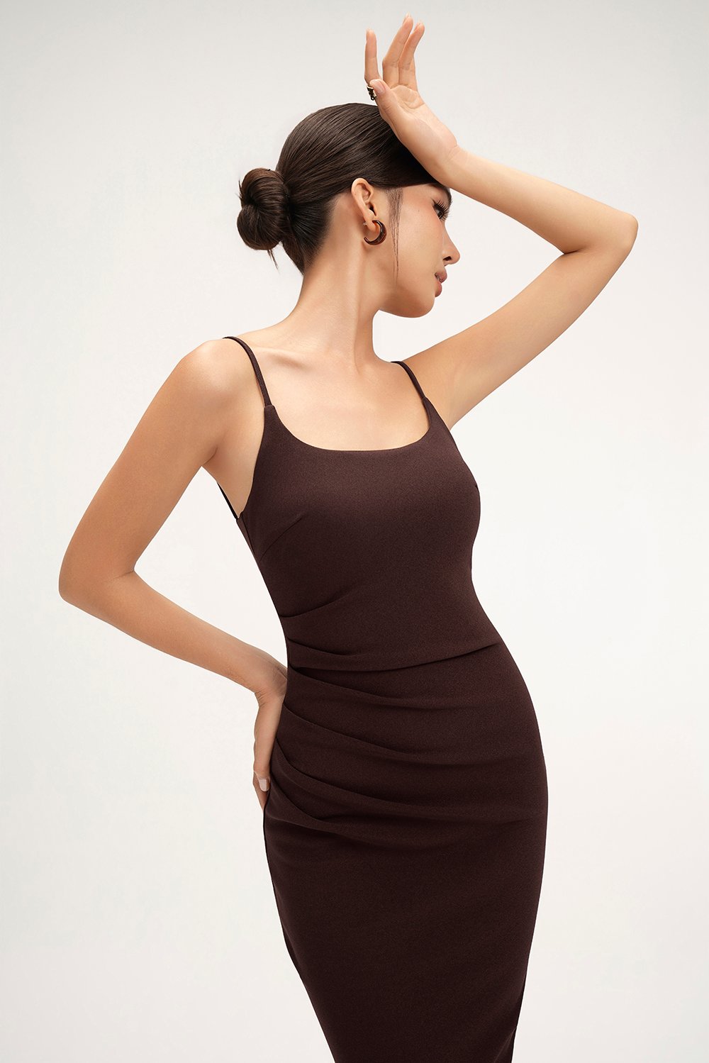 Clea Spaghetti Padded Ruched Pencil Dress in Chocolate