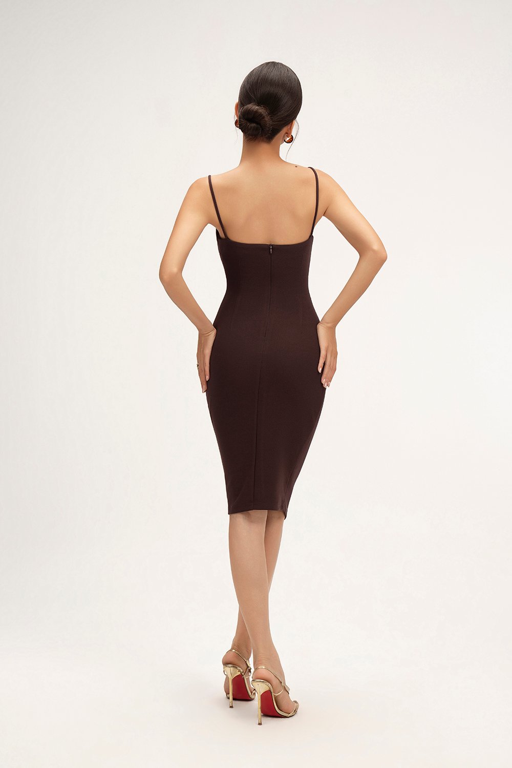 Clea Spaghetti Padded Ruched Pencil Dress in Chocolate