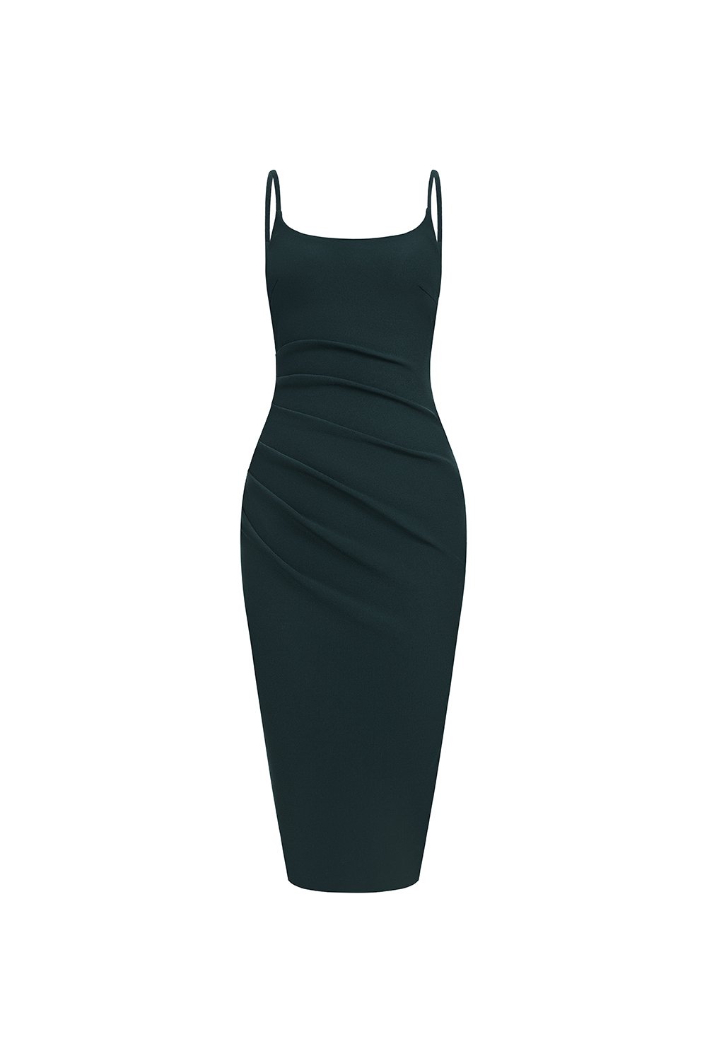 Clea Spaghetti Padded Ruched Pencil Dress in Emerald Green