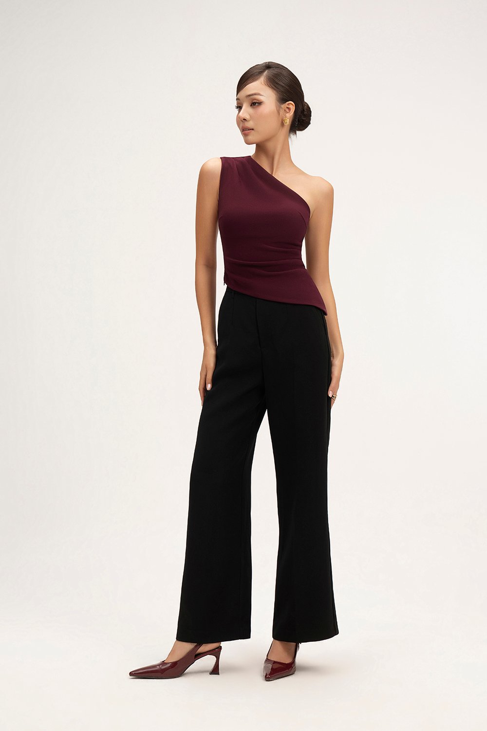Lucinda Padded Toga Asymmetrical Top in Burgundy