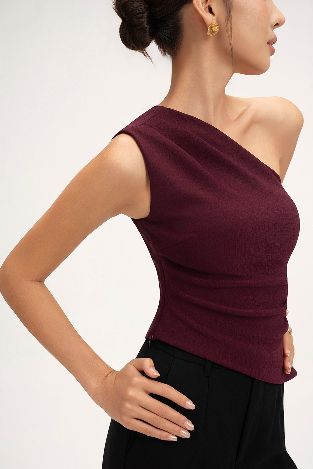 Lucinda Padded Toga Asymmetrical Top in Burgundy