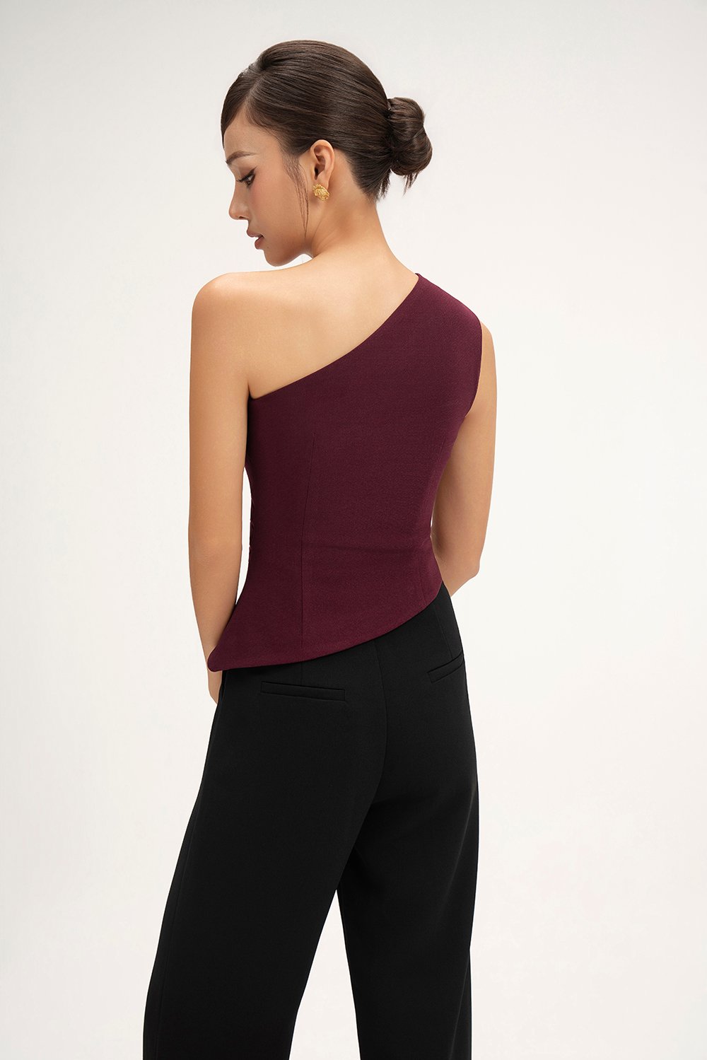 Lucinda Padded Toga Asymmetrical Top in Burgundy
