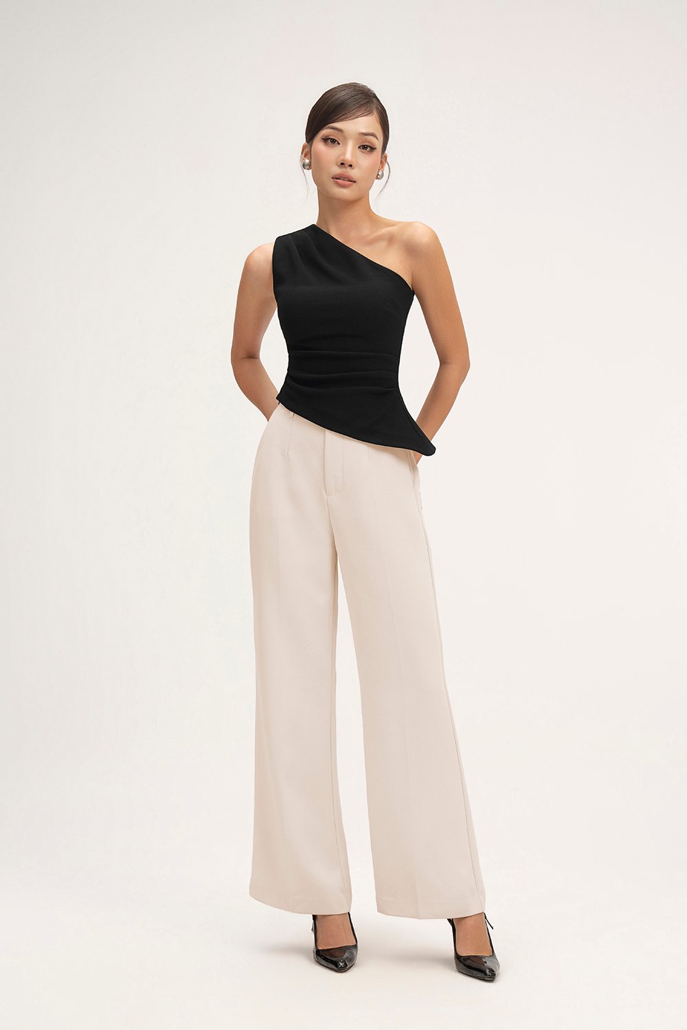 Lucinda Padded Toga Asymmetrical Top in Classic Black