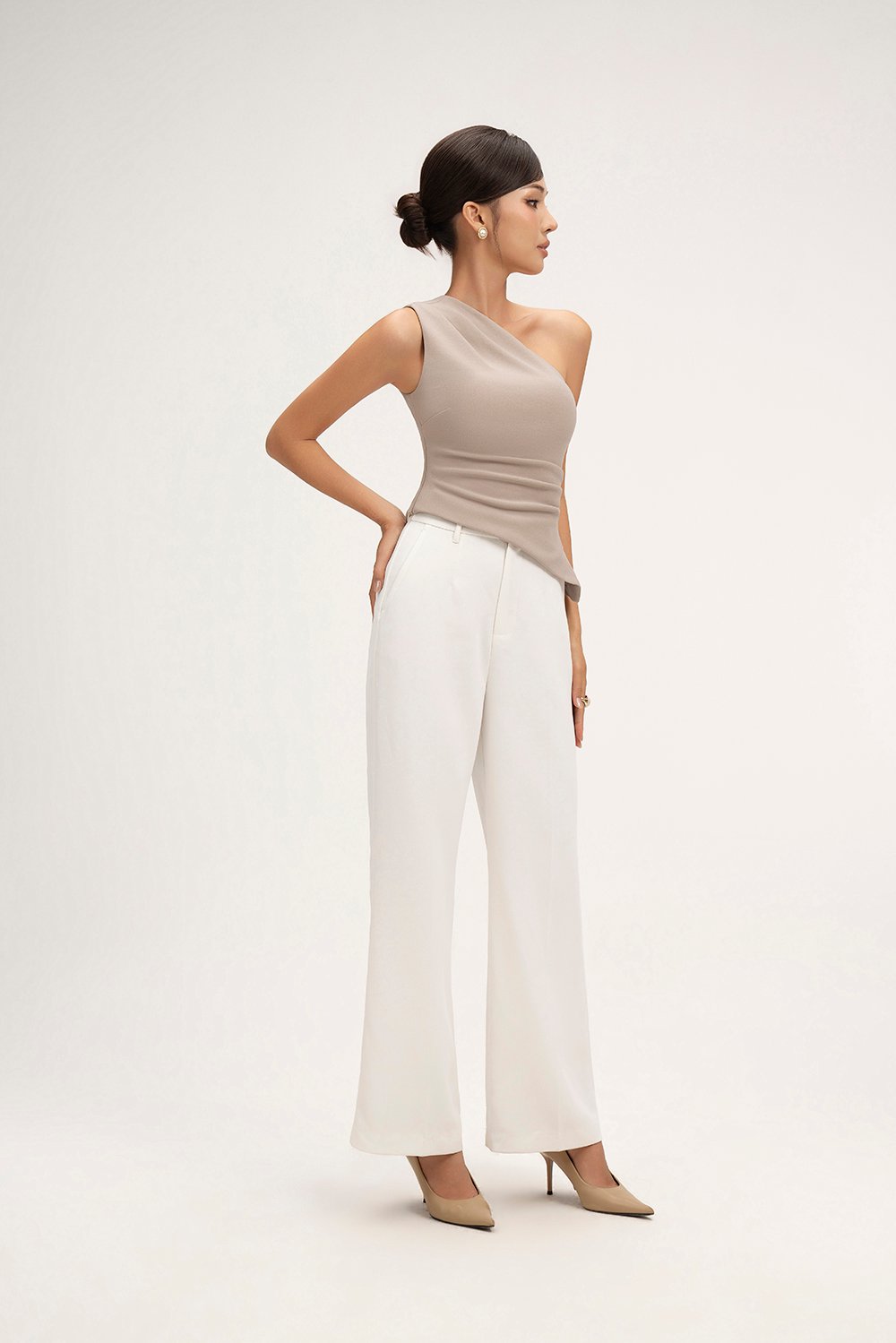 Lucinda Padded Toga Asymmetrical Top in Stone