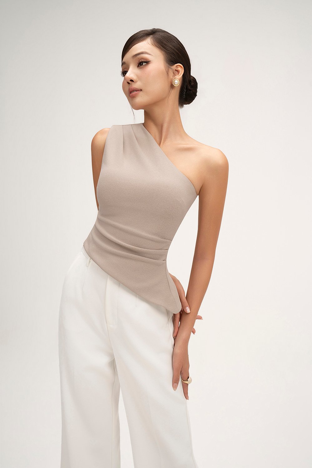 Lucinda Padded Toga Asymmetrical Top in Stone