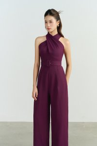 Aurel Crossover Halter Jumpsuit in Aubergine