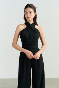 Aurel Crossover Halter Jumpsuit in Classic Black