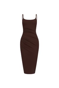 Clea Spaghetti Padded Ruched Pencil Dress in Chocolate