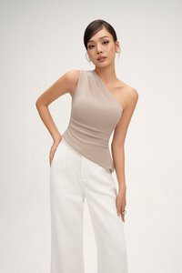 Lucinda Padded Toga Asymmetrical Top in Stone