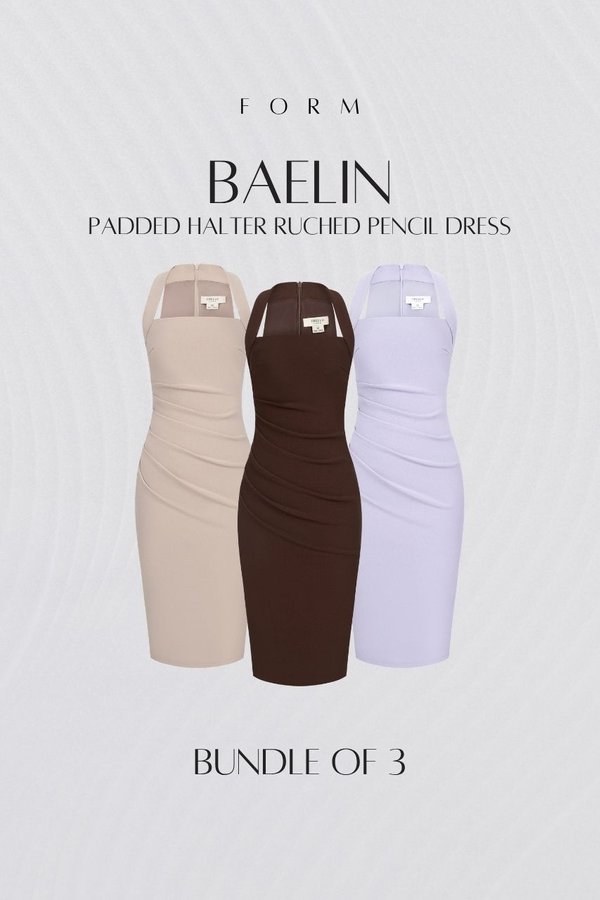 Baelin Padded Halter Ruched Pencil Dress Bundle of 3