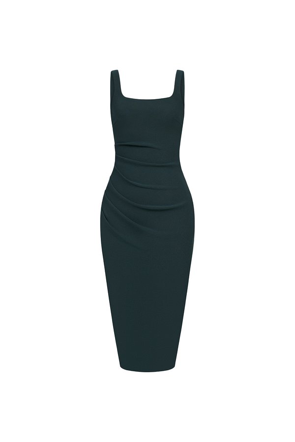 Airlea Padded Ruched Low Back Pencil Dress in Emerald Green