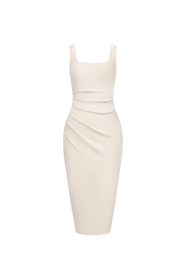 Airlea Padded Ruched Low Back Pencil Dress in Ivory