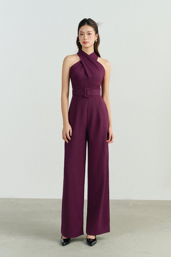 Aurel Crossover Halter Jumpsuit in Aubergine