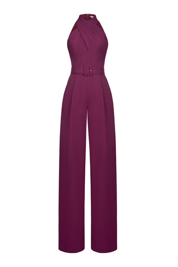 Aurel Crossover Halter Jumpsuit in Aubergine