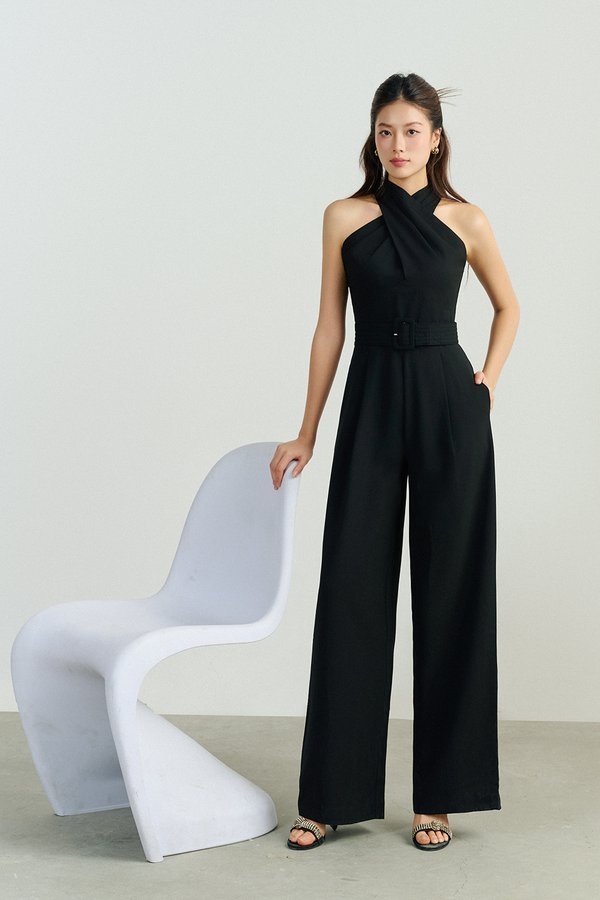 Aurel Crossover Halter Jumpsuit in Classic Black