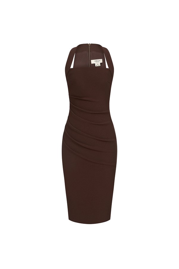Baelin Padded Halter Ruched Pencil Dress in Chocolate