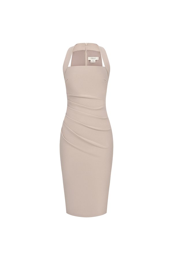 Baelin Padded Halter Ruched Pencil Dress in Stone
