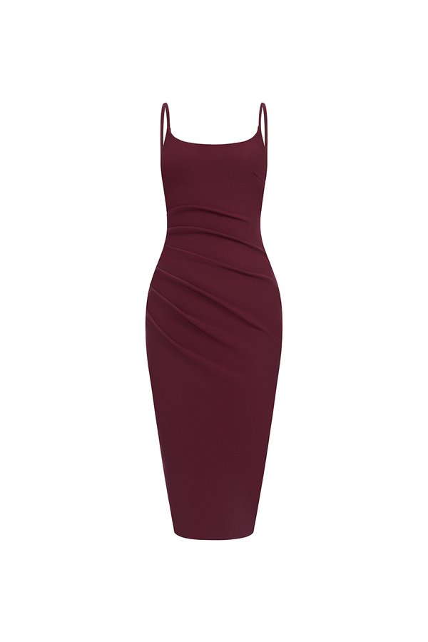 Clea Spaghetti Padded Ruched Pencil Dress in Burgundy