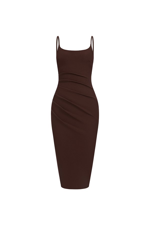 Clea Spaghetti Padded Ruched Pencil Dress in Chocolate