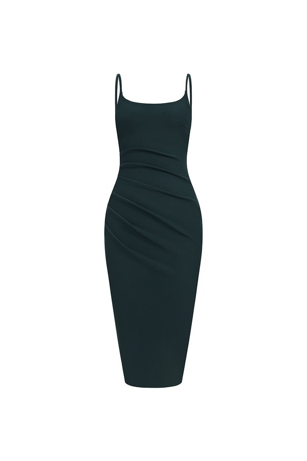 Clea Spaghetti Padded Ruched Pencil Dress in Emerald Green