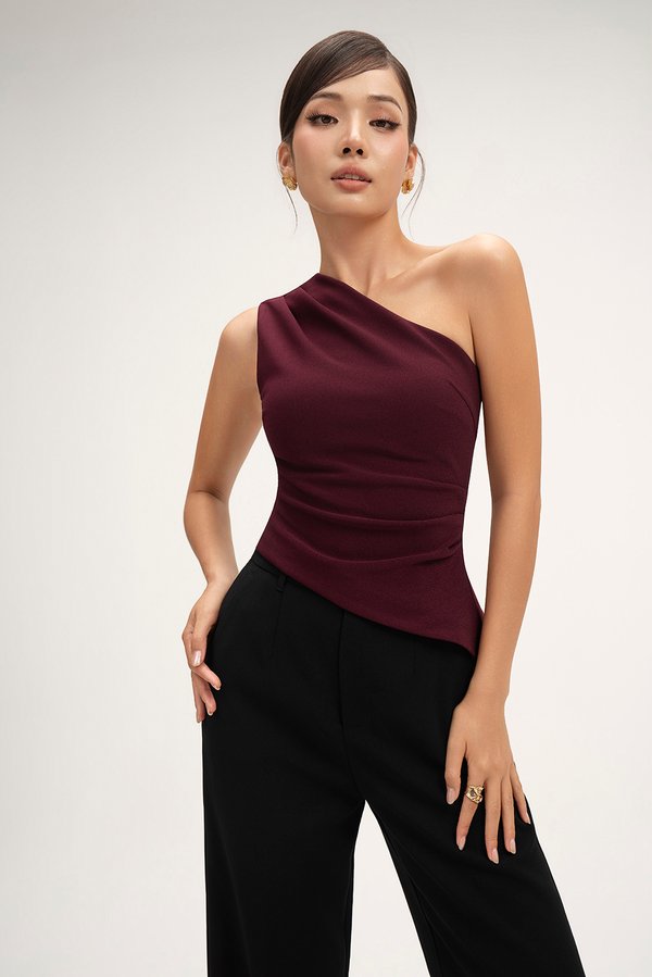 Lucinda Padded Toga Asymmetrical Top in Burgundy