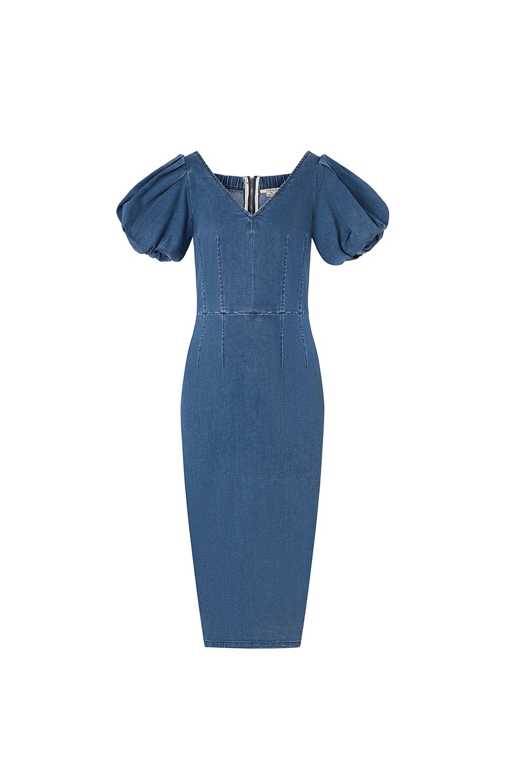 Beatrice V-Neckline Puff Sleeves Pencil Denim Dress in Classic Denim