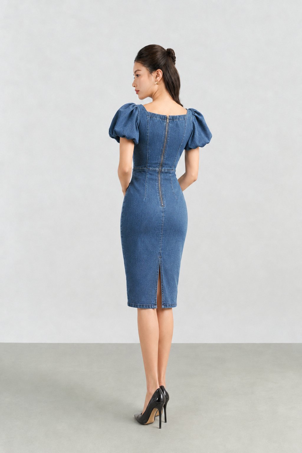 Beatrice V-Neckline Puff Sleeves Pencil Denim Dress in Classic Denim