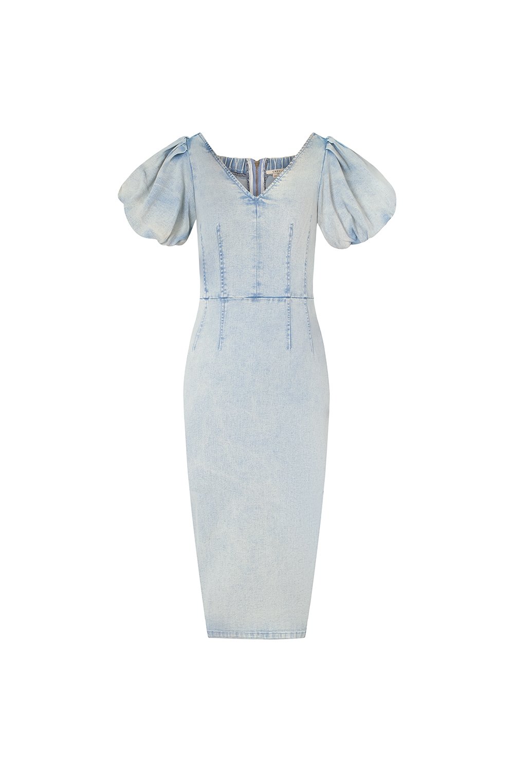 Beatrice V-Neckline Puff Sleeves Pencil Denim Dress in Light Wash