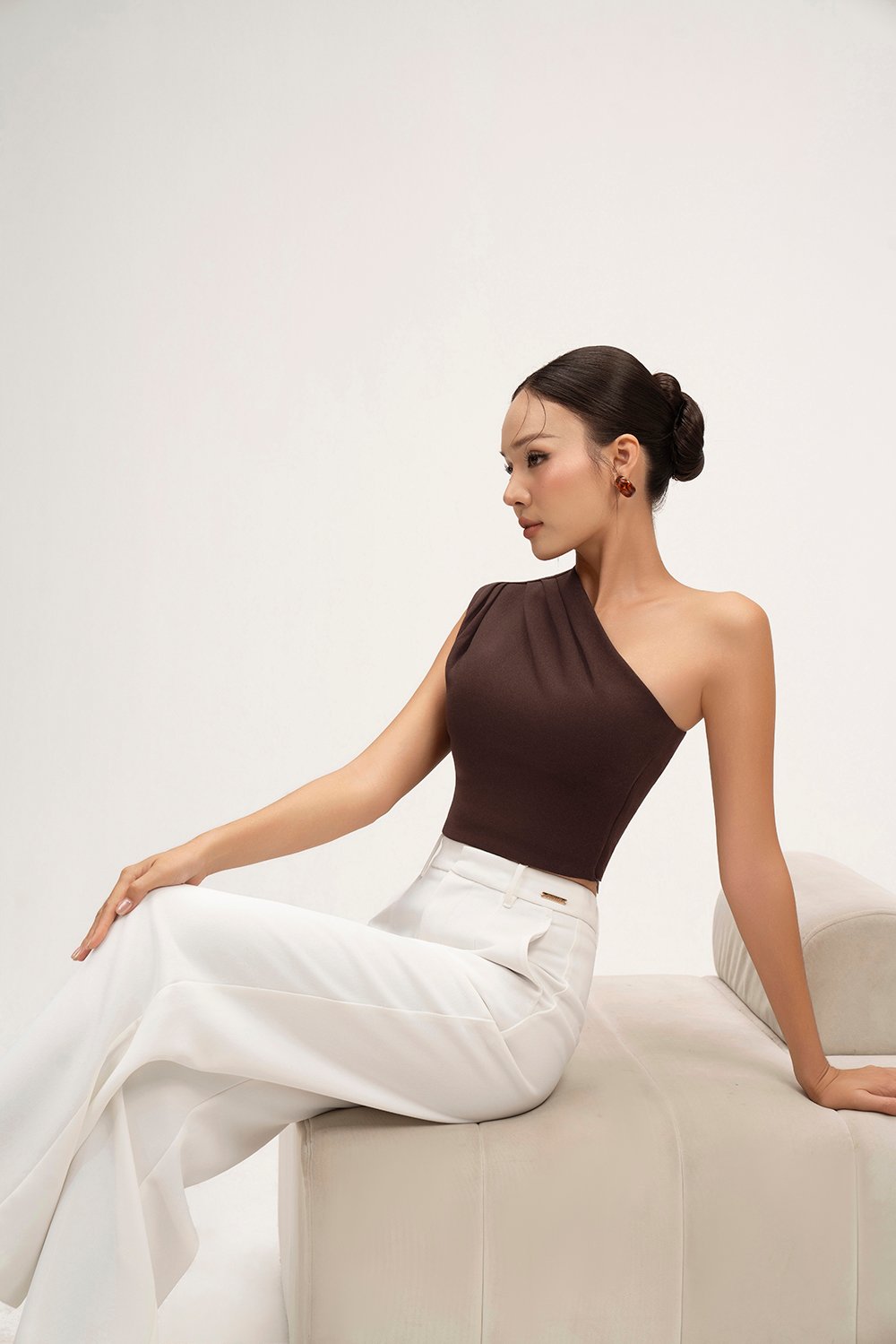 Matilda Padded Asymmetrical Toga Top in Chocolate
