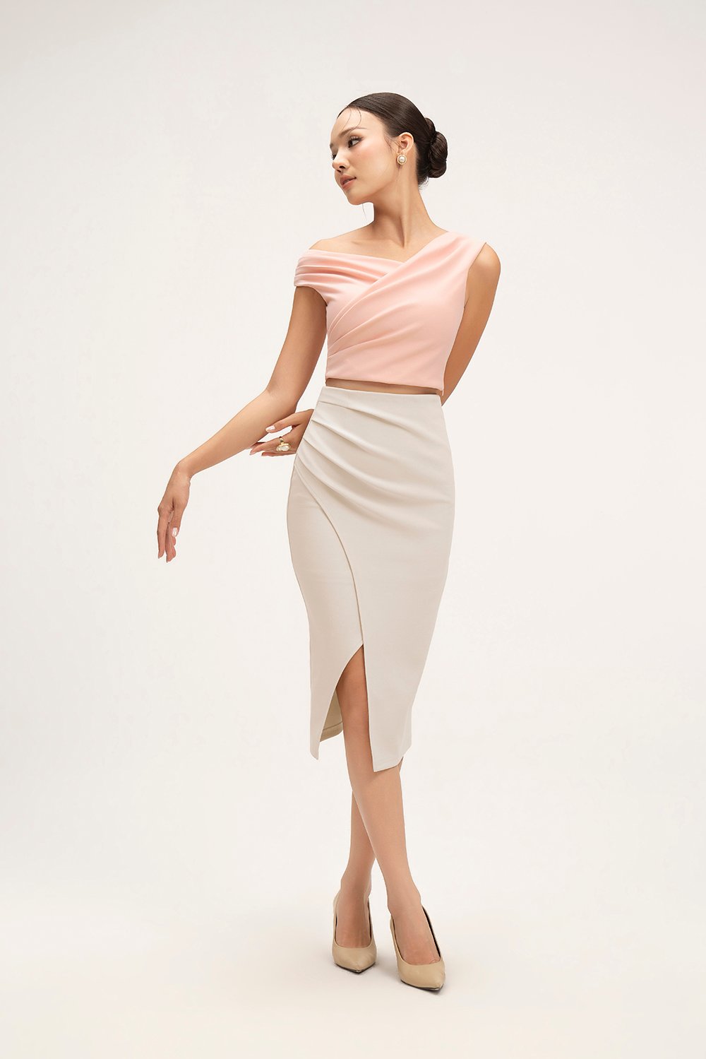 Rachel Padded Asymmetrical Wrap Top in Ballet Pink