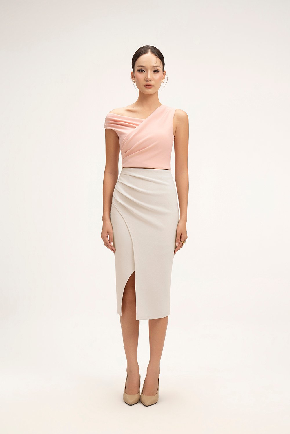 Rachel Padded Asymmetrical Wrap Top in Ballet Pink